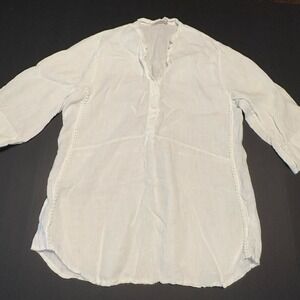 Laura Bianchi Luxury Linen Popover Tunic Med White Cover Up Shirt Italy Pom Pom